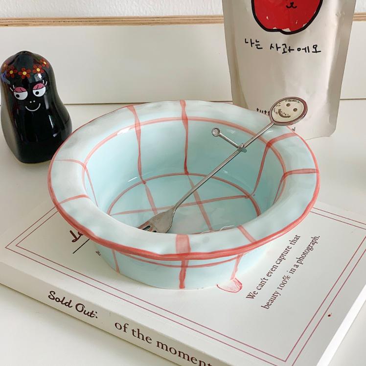 

Раскрашенная вручную чаша из соломенной шляпы Французская керамическая миска для йогурта Ретро иллюстрация Высокоборосиликатная термостойкая миска для фруктов Салатница синий