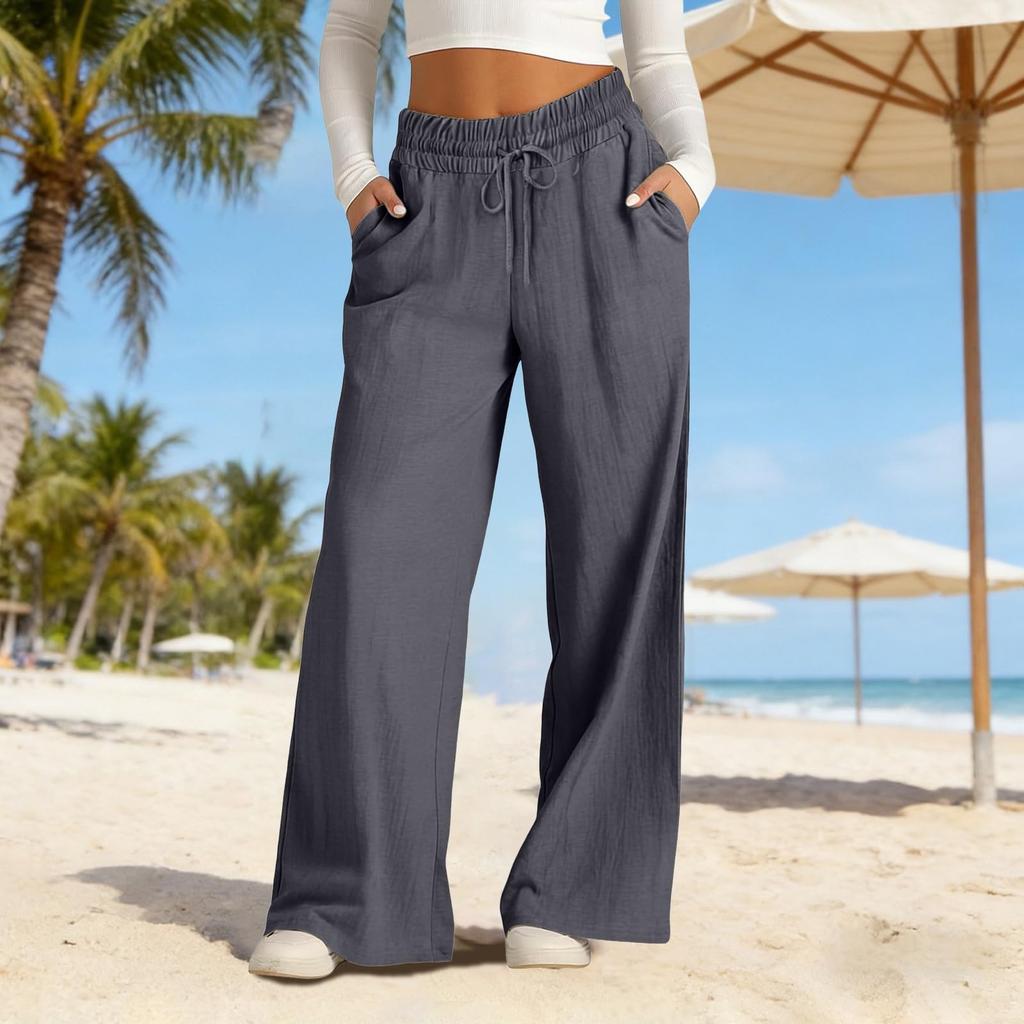Weite Leinenhosen Damen Sommer Locker Strandhosen Für Damen Urlaub Leichte Gerade Hosen Mit Taschen