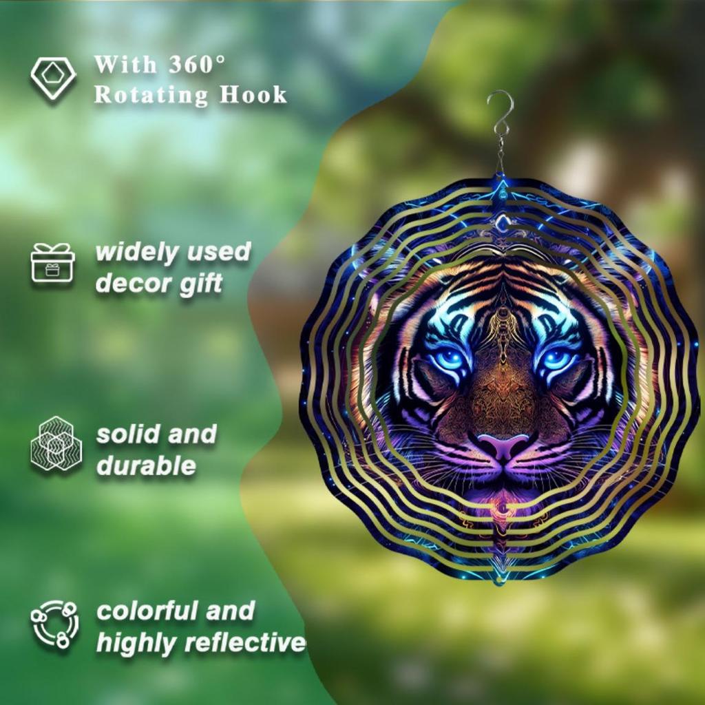 10 Inch Tiger Wind Spinner Outdoor Garden Decor with 360 Degree Rotating Hook Vibrant Blue Purple Design for Patio Lawn Yard Gift
