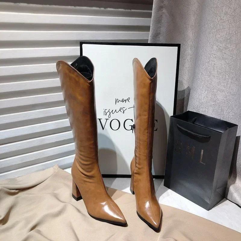 Pu Leather Long Boots Women Fashion V-Port Pointed Toe Knee High Boots Ladies Sexy Chunky High Heel Shoes Botas