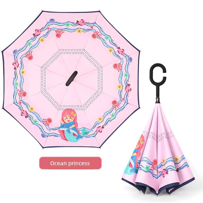 Umbrella, Reverse Umbrella, Double-Layer Hands-Free Long-Handled Children's Umbrella, Cute Cartoon Umbrella for Primary School Students, Rain or