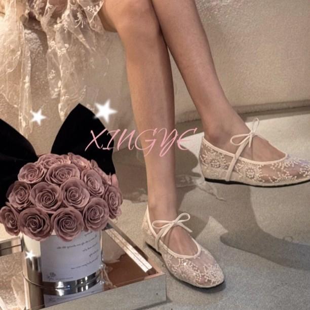

2025 new lace sexy shallow mouth versatile single shoes women s head bow word with breathable flat bottom single shoes women 35 абрикосовый