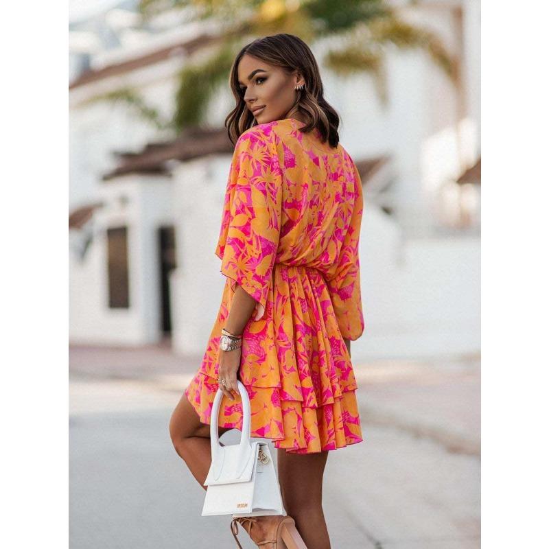 Plus Size Women's V Neck Printed Waist Batsleeve Five Quarter Sleeve Skirt Dress