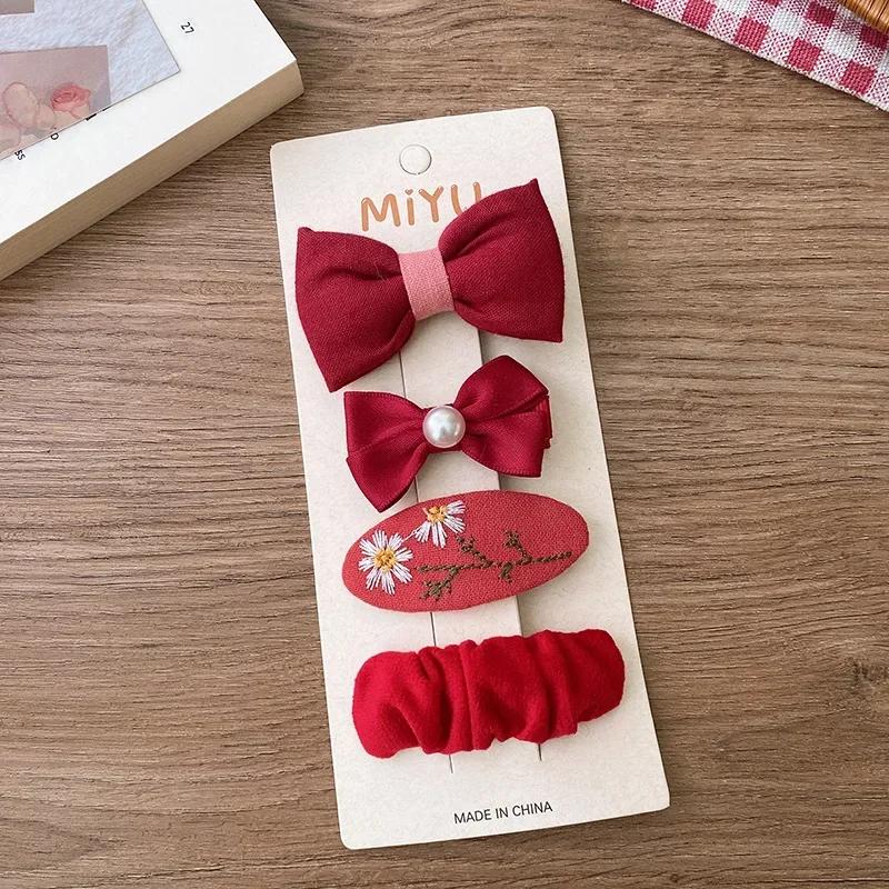 Red Sweet Fabric Bow Flower Kids Hair Clips Crochet Snap Clips for Girls Cute Barrettes Hair Accessories for Baby Toddler