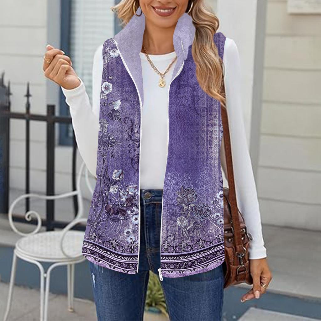 Women's Retro Printed Fashionable Warm Fleece Cardigan Vest Coat