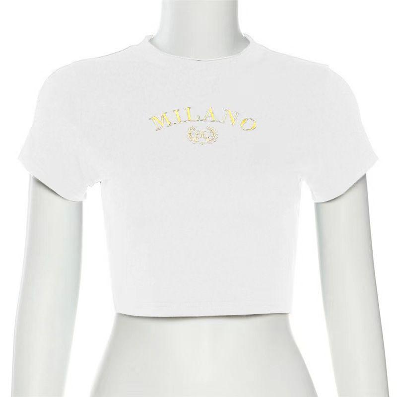 

Western Style Navel Letter Embroidery Versitile Fashion Slim fit T-shirt Letter Embroidered T-shirt White L