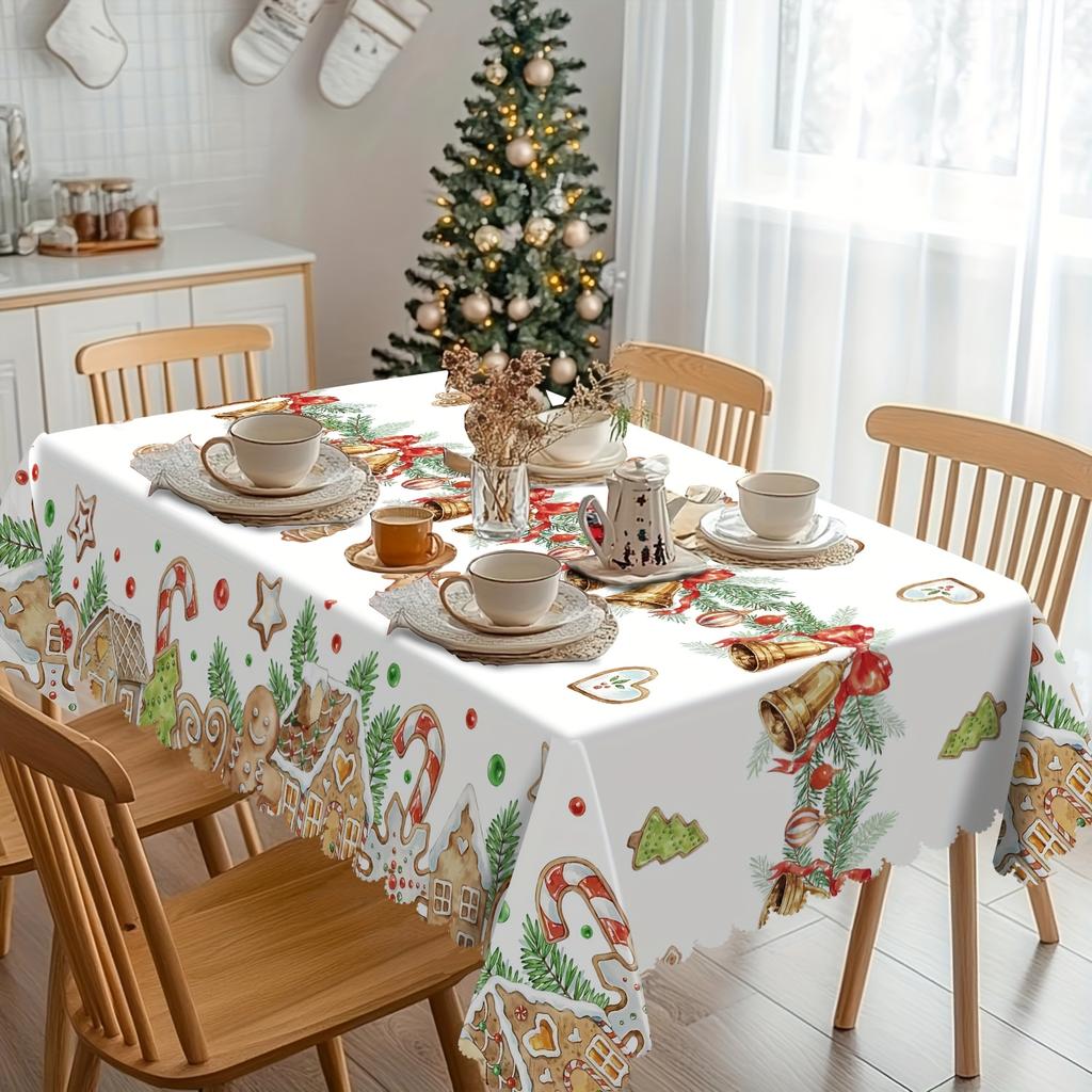 Christmas Gingerbread Man Pine Needle Waterproof Tablecloth Table Decor Winter Kitchen Dining Tablecloth Christmas Decorations