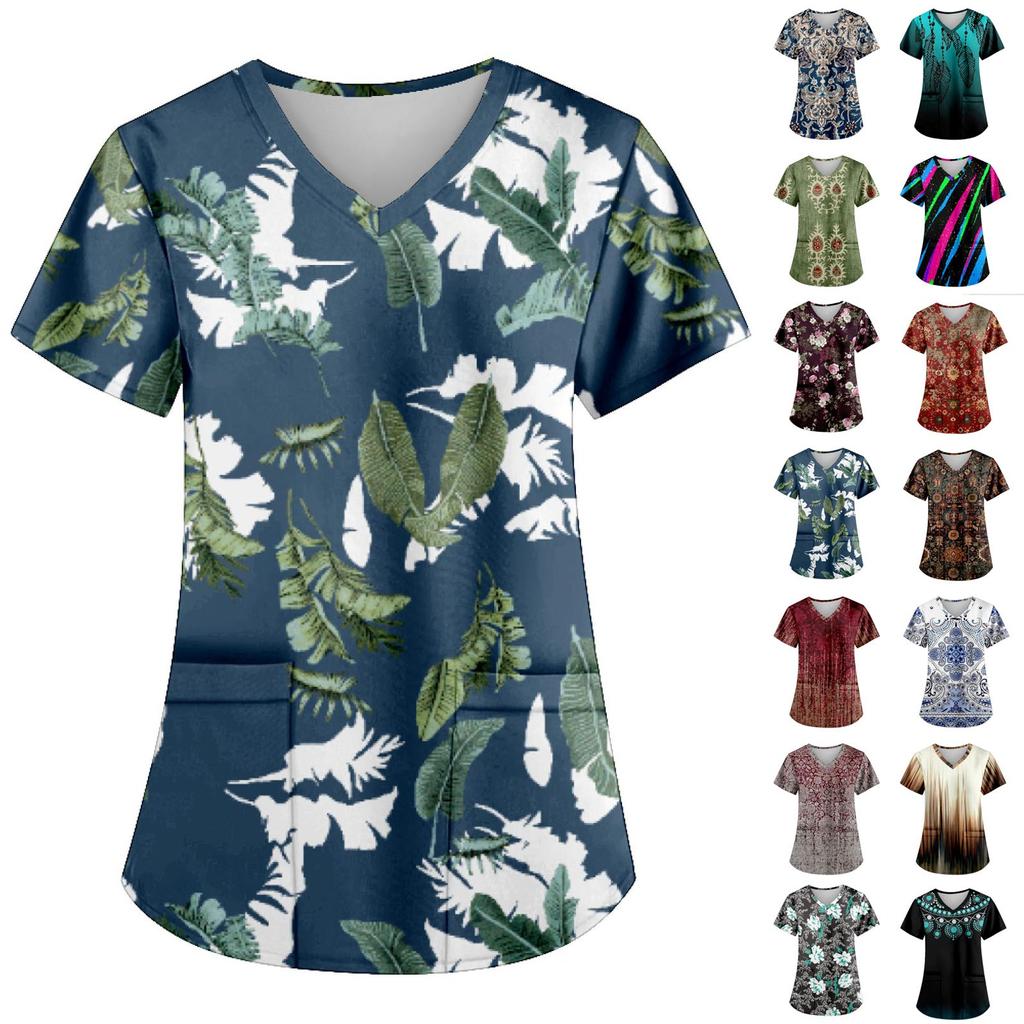Women's Fashion Printed Work Uniform With Pocket T-Shirt Short Sleeve Top