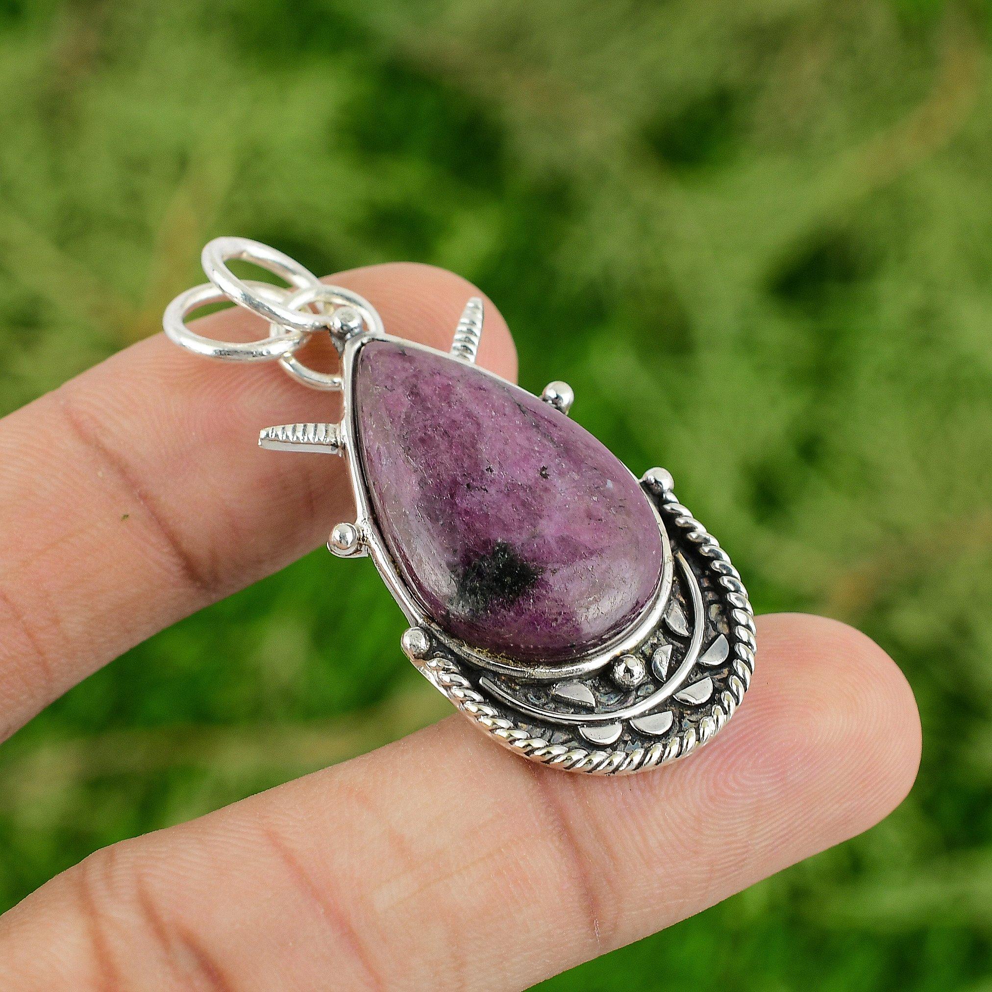 

Daughters Day Sale Sterling Silver Heart Chakra Pear Natural Rhodonite Pendant