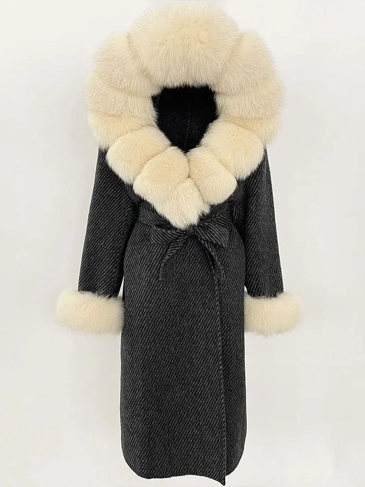 OFTBUY Autumn Winter Women Coat Real Natural Fox Fur Collar Hooded Double-faced Woolen Blends Jacket Thick Warm Casual Overwears