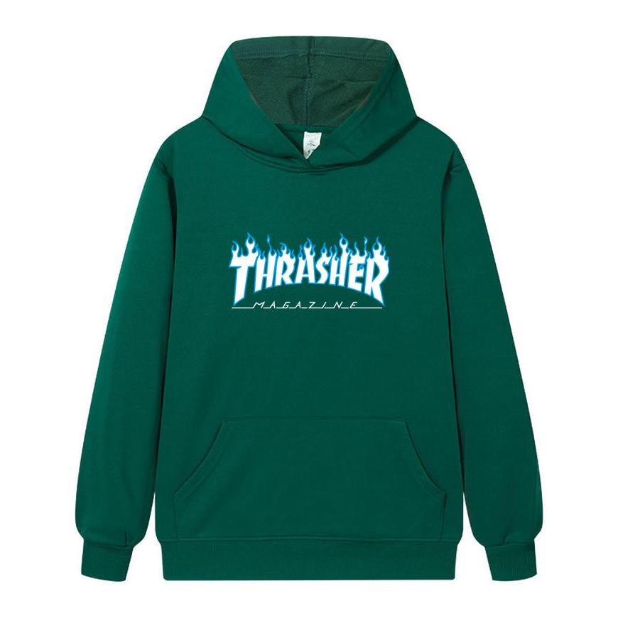 W02-2 Moletom com Capuz Unissex Thrasher Estampa de Chama Masculino Casual Solto Manga Longa Streetwear Pulôver