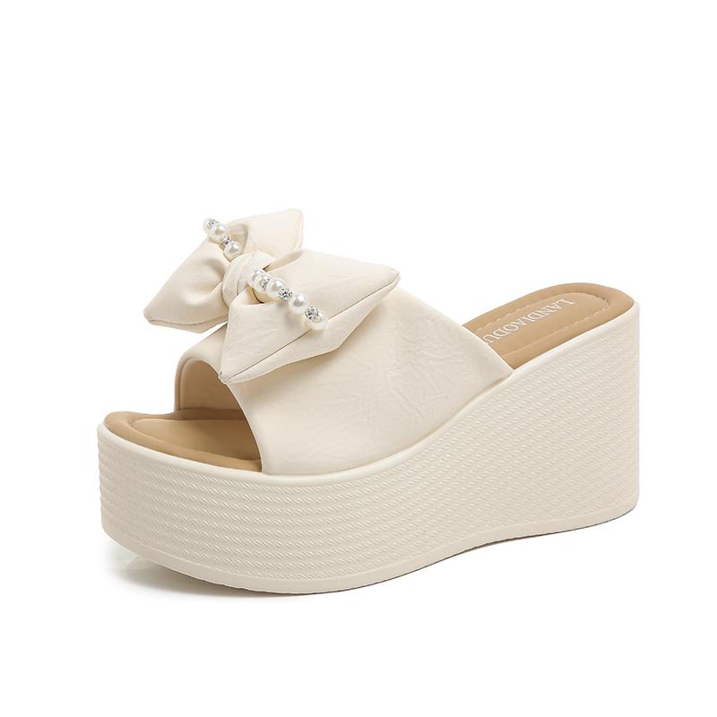 

Мода 9,5 см Шлепанцы Домашние тапочки Обувь на платформе Женские 2025 Натягивающиеся Мюли на танкетке Низкие Гавайские Новые Высокие Слайды Бабочка-узел 35 бежевый