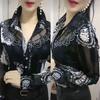Women'S Blouse Tops Summer Lace Chiffon Shirts Lapel Stitching Printing Buttons Female Blusas Offce Lady Shirts Chemises Fleurs