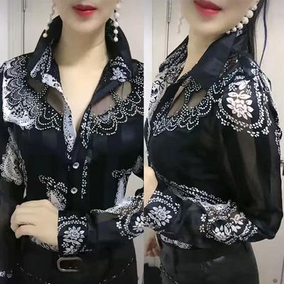 Camicette da donna, top estivi in pizzo e chiffon, con risvolto, cuciture, stampa e bottoni, bluse da donna, camicie da ufficio, camicie da donna, camicie con fiori