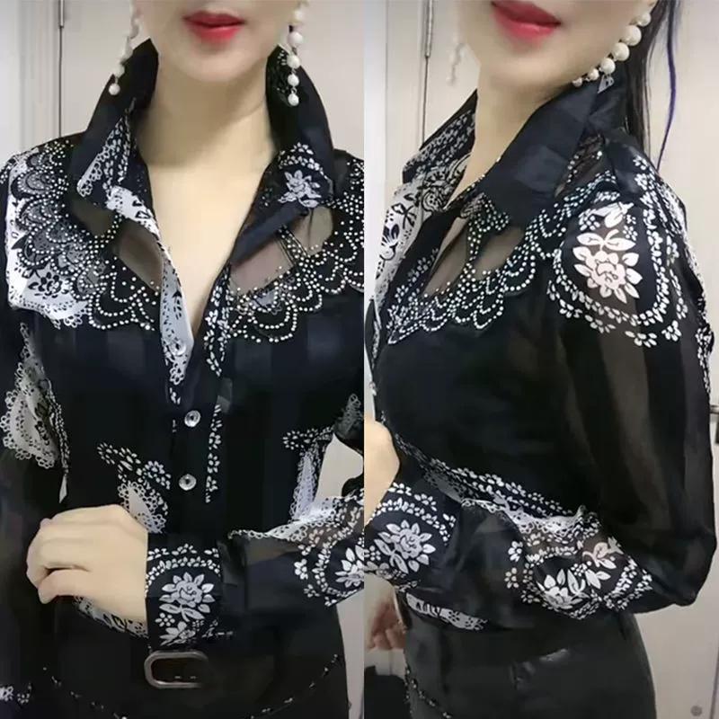 Women'S Blouse Tops Summer Lace Chiffon Shirts Lapel Stitching Printing Buttons Female Blusas Offce Lady Shirts Chemises Fleurs