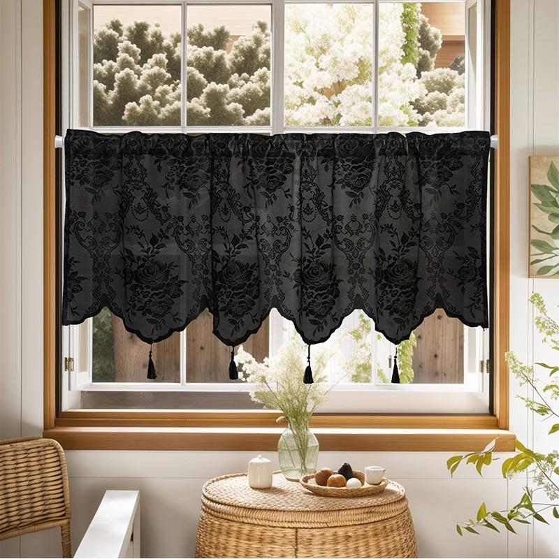 Sheer Lace Curtain Panel With Rod Pocket Tassel Trim Living Room Kitchen Dining Entryway Decor