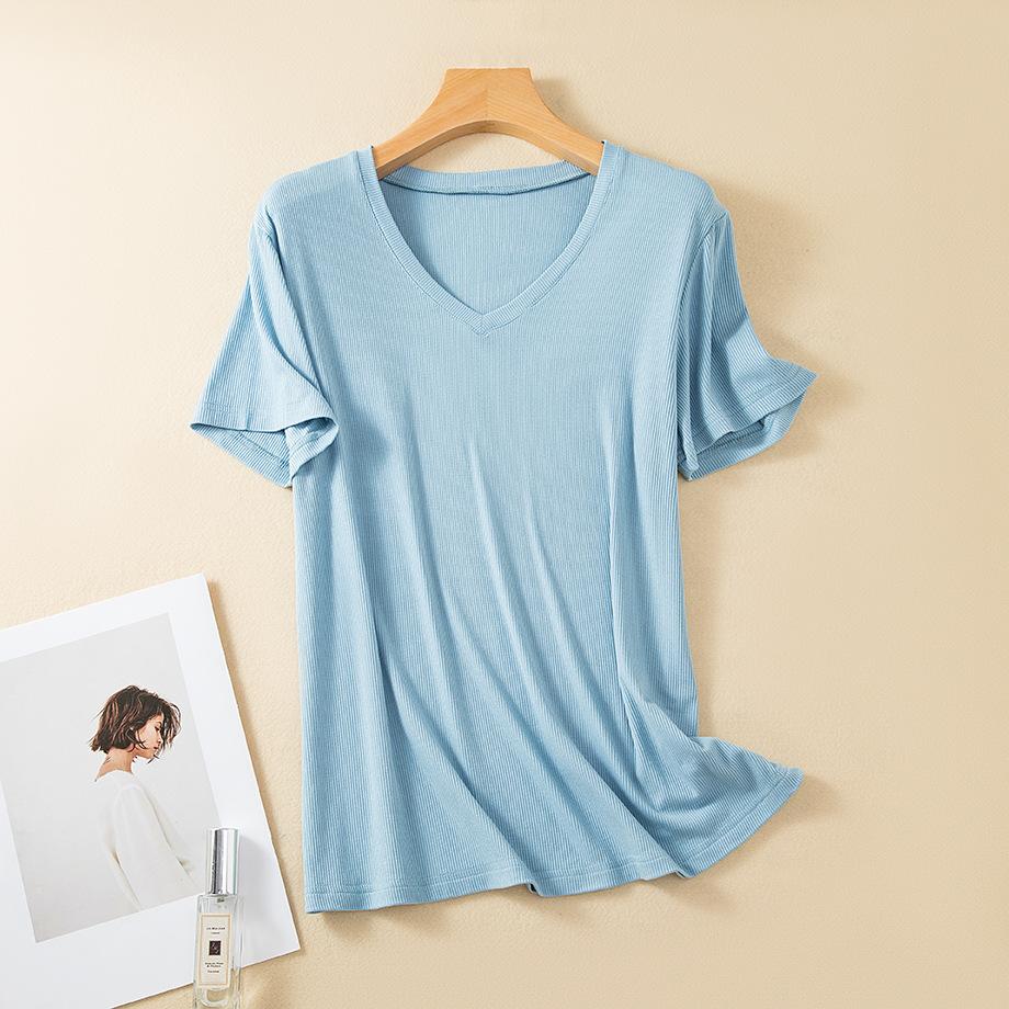 Rib Cotton V Neck T-shirt Short Sleeves Summer Women's Casual T-shirts Loose Tee Tops Solid Color Basic TShirt Tees