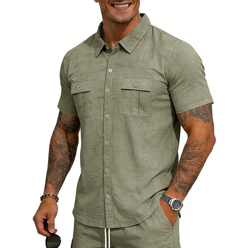 Cotton Linen Shirt Men Pocket Casual Beach Short Sleeve Solid Color Male Tops T-shirts Vintage Streetwear Comfort Casual Shirts