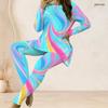 Women Plus Size Two Piece Pants Set Round Neck Long Sleeve Colorful Swirl Printed Longline Top Fitted Pants