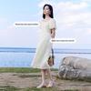 Xiangying Women's Bubble Sleeve Square Neck Textured High-Waist Dress