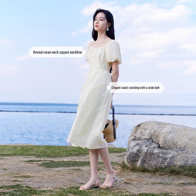 Xiangying Women's Bubble Sleeve Square Neck Textured High-Waist Dress