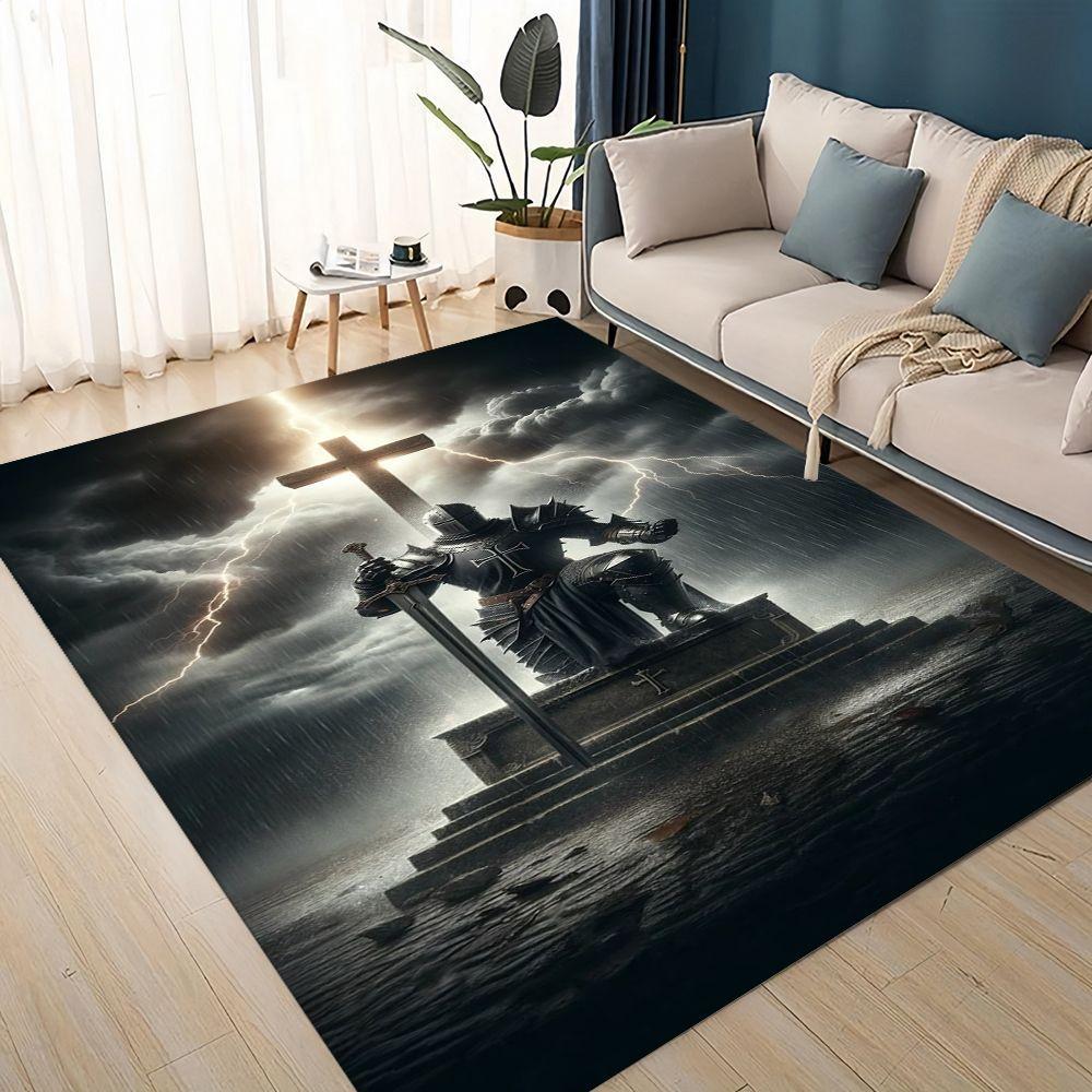 1pc Templar‑Knight‑Cross Print Area Rug, Washable Durable Floor Mat for Entryway, Office, Living Room, Bedroom, Gaming Area