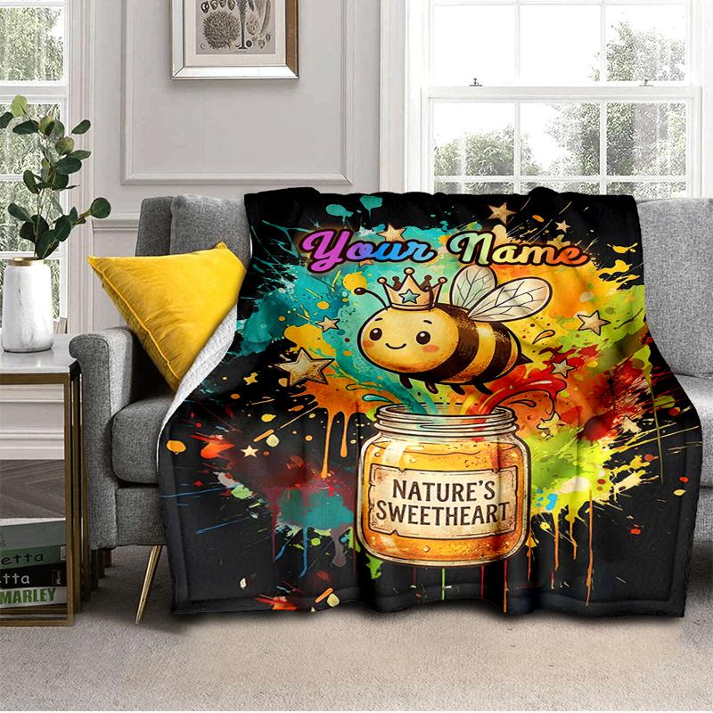 1PC Custom Name Bee Sweet Honey Jar Flannel Blanket Versatile,all-season Throw Suitable for the Living Room,bedroom,camping,travel,and Gift