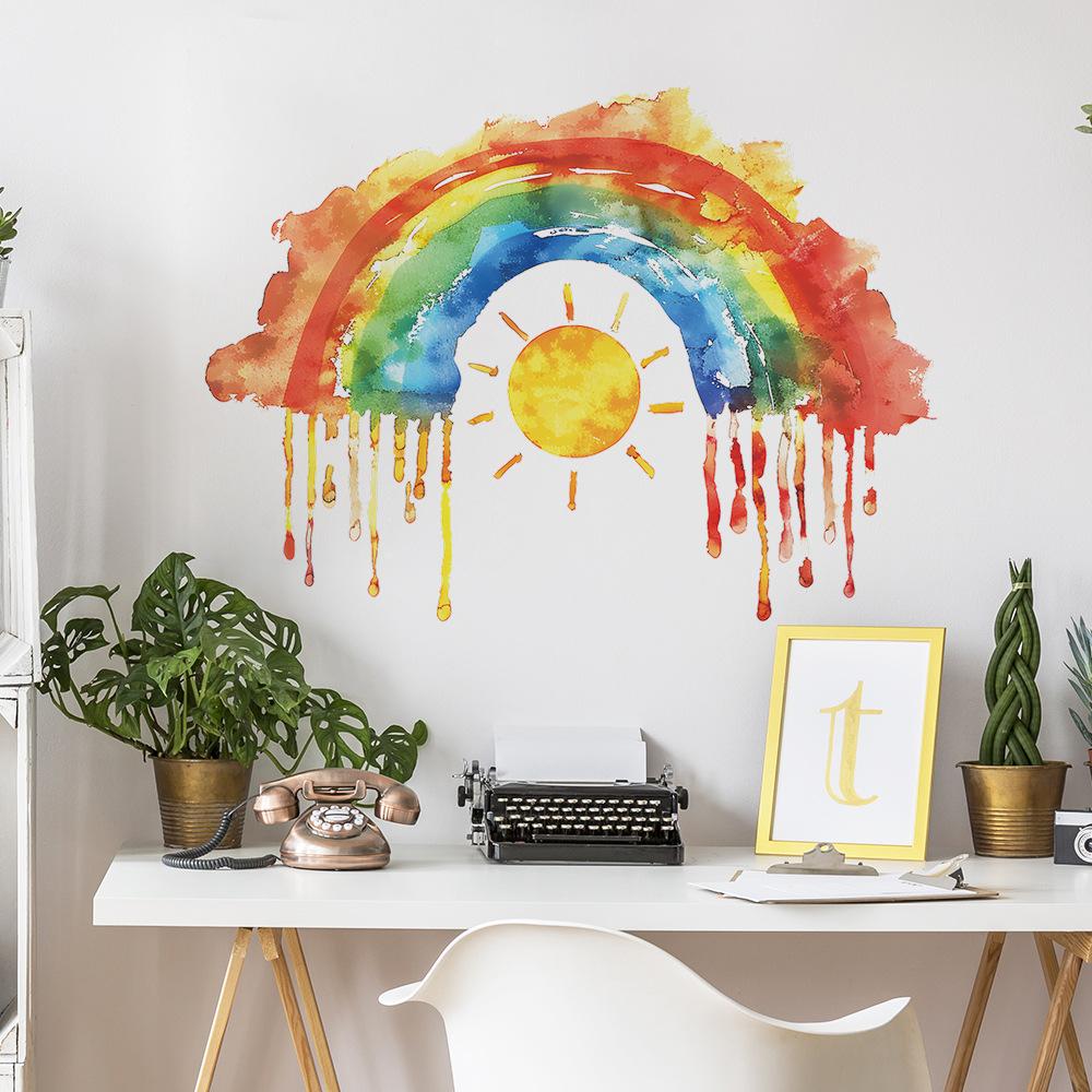 Fun-L031 Cartoon Watercolor Wind Rainbow Sun Bedroom Living Room Wall Landscaping Decorative Wall Stickers Self-adhesive