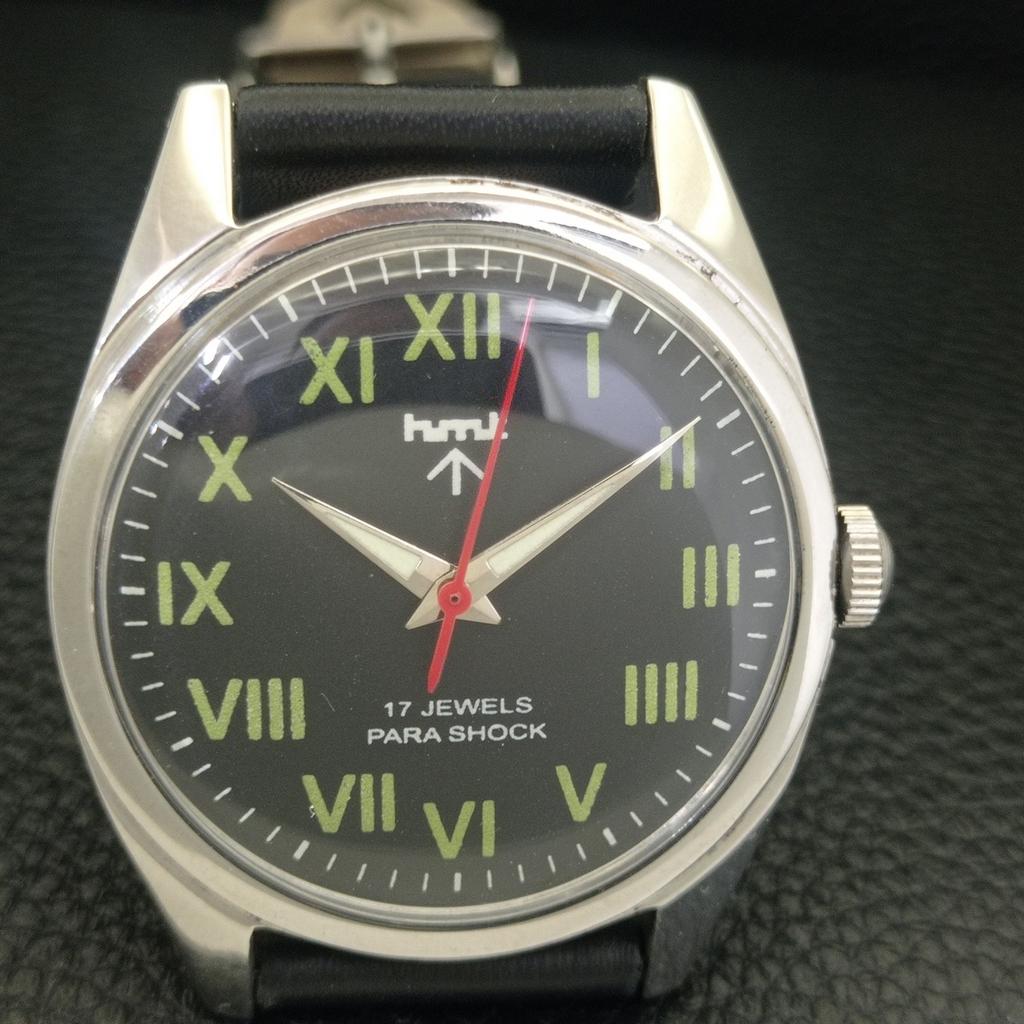 HMT HAND-WINDING INDIAN MENS VINTAGE ROMAN FIGURE BLACK DIAL WATCH a702849-1 R211-a702849