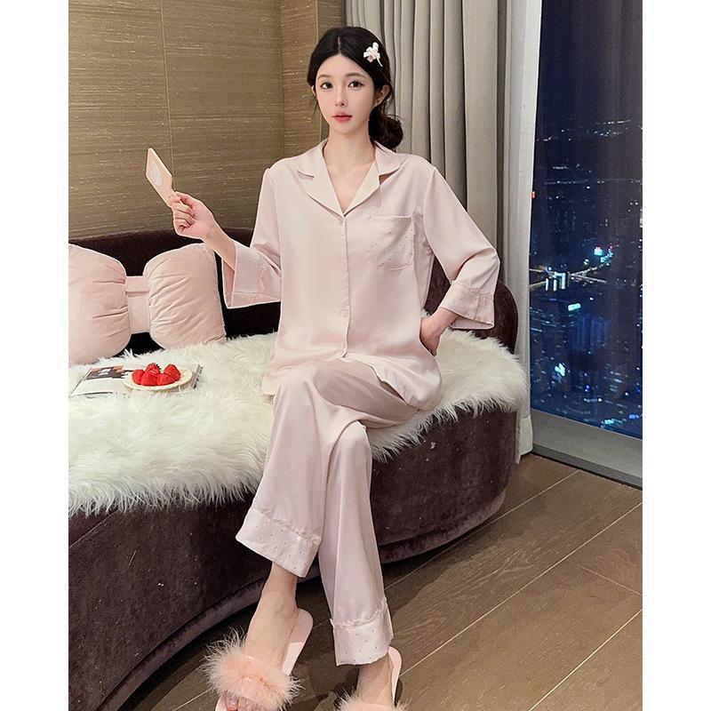 Solid color hot diamond simple light luxury nine-quarter sleeve pajamas women's ice silk silk autumn and winter comfortable loungewear set