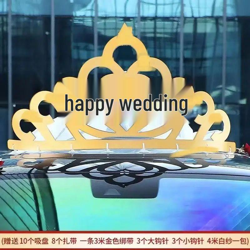 Creative Wedding Car Decoration: Gold Crown and Veil for TikTok-Inspired Celebrations