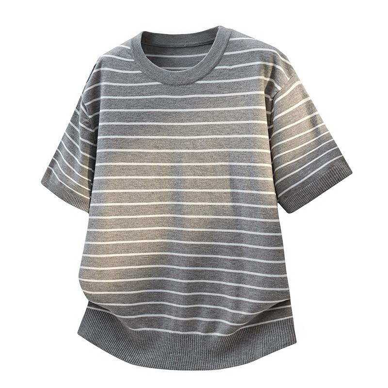 

Knitted Sweater Round Neck Pullover Short-sleeved T-shirt Men s Ice Silk Sweater Loose Half-sleeved T-shirt 2XL серый