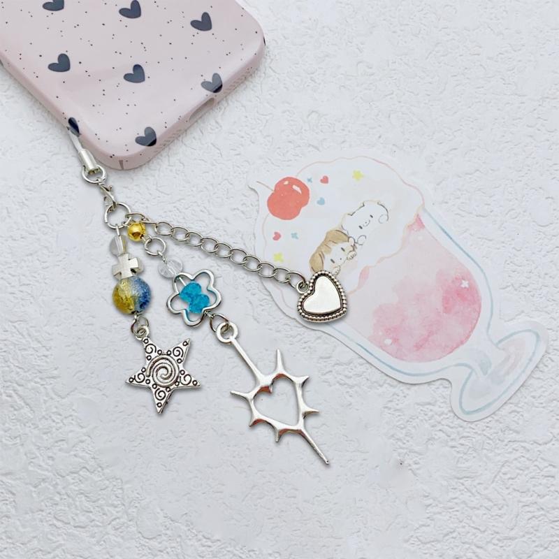 Herz-Kruzifix und Blume Handyband Handgemacht Perlen Schlüsselanhänger Charm Modischer Schlüsselanhänger Taschenzubehör für Modeliebhaber