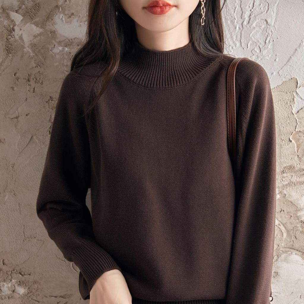 Pulover Gros de Bumbac pentru Femei Toamnă/Iarnă 2025: Cămașă Tricotată Caldă pentru Navetă, Guler Semi-Înalt, Croială Largă