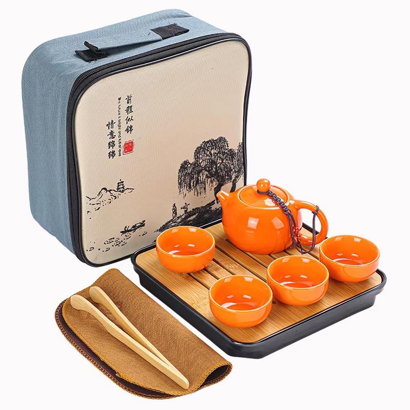 Chinese Kung Fu Travel Set, Ceramic Portable Teapot, Porcelain Teaset, Gaiwan Tea Cups, Tea Tool with Travelling Bag, 1 Cups