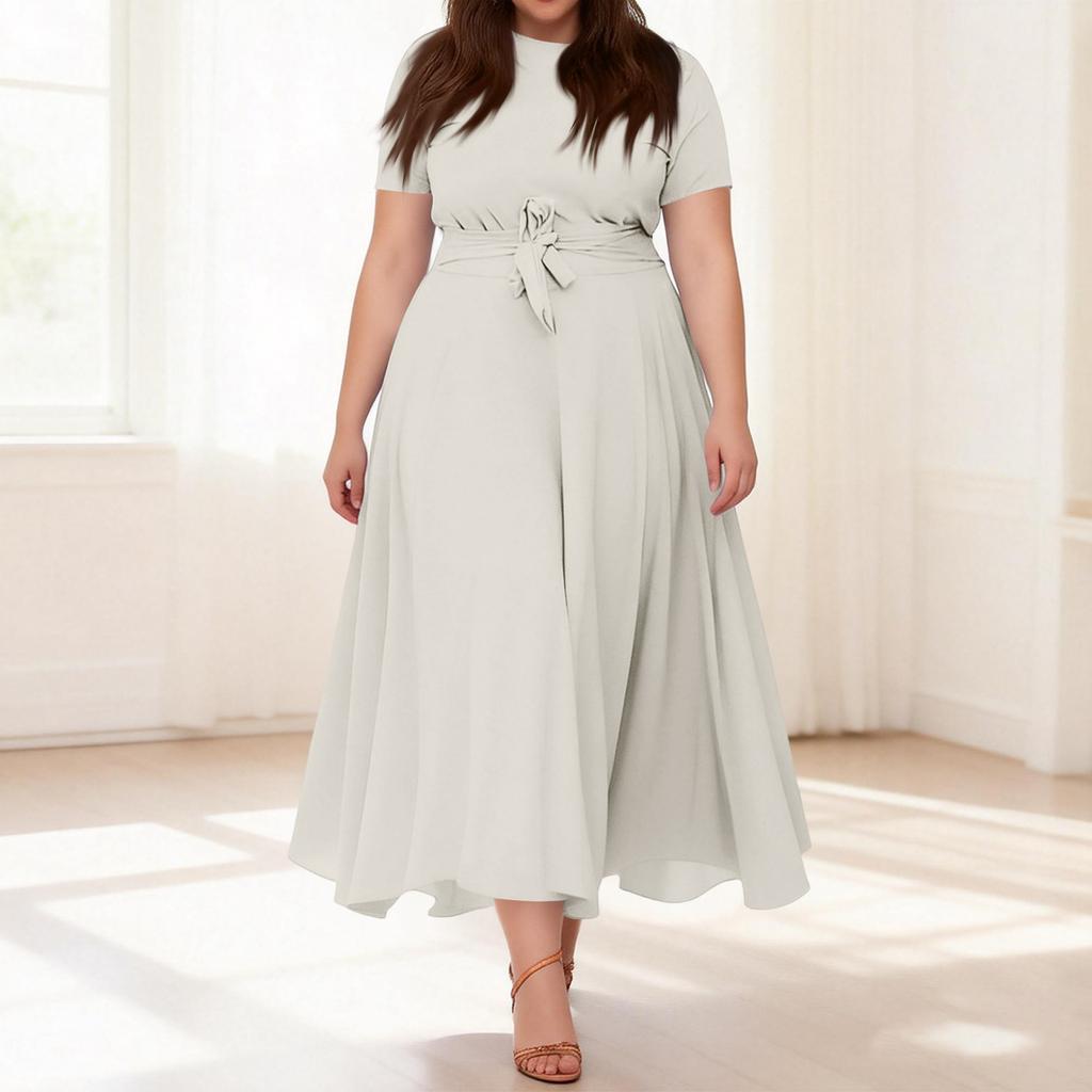 Women's Casual Fashion Large Size Color Round Neck Short Sleeve Pocket Straps Swing Dress