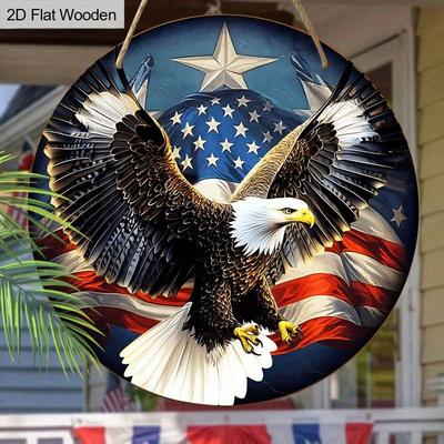 Eagle Wings Patriotic Wooden Wall Art - Round American Flag with Bald Eagle Decor, Print Sign for Home, Garage, Bar, Cafe
