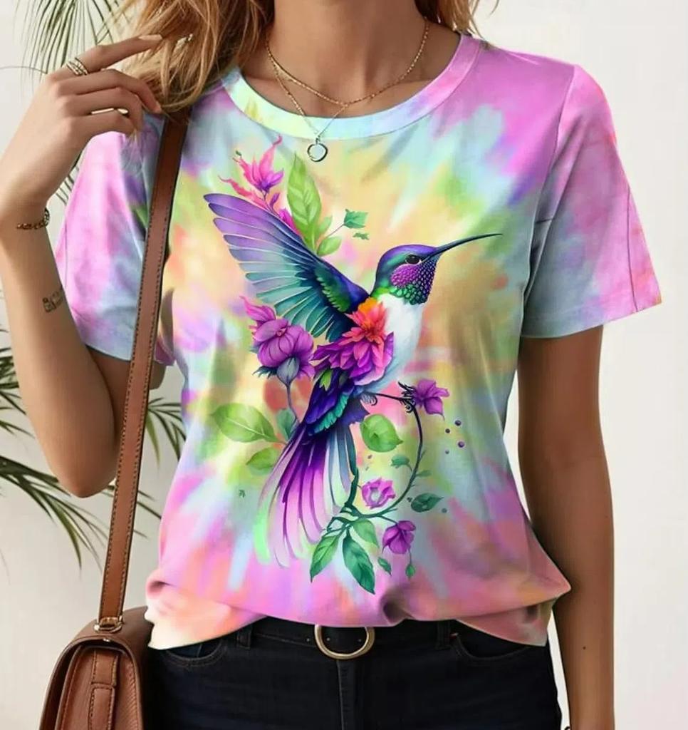 Plus Size Letnia Moda Damska Koszulka Piękne Kwiaty Stylowy Nadruk Swobodny Okrągły Dekolt Krótki Rękaw Topy Koszulki Odzież