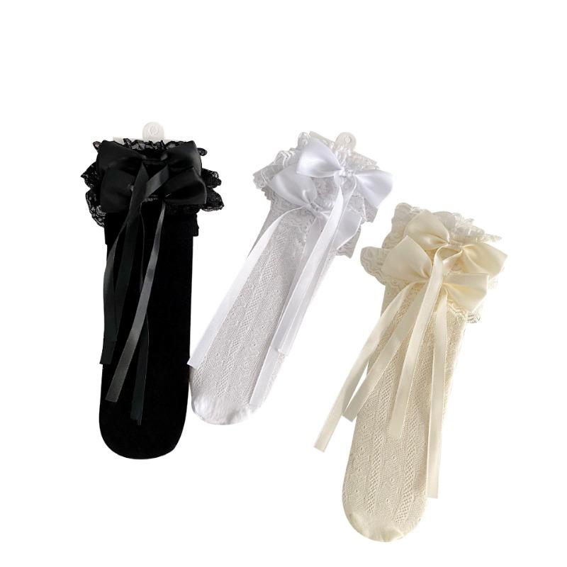 Meias Brancas de Bezerro com Laço para o Verão, Finas, Vazadas, Cano Longo Renda de Fita Lolita até o Joelho