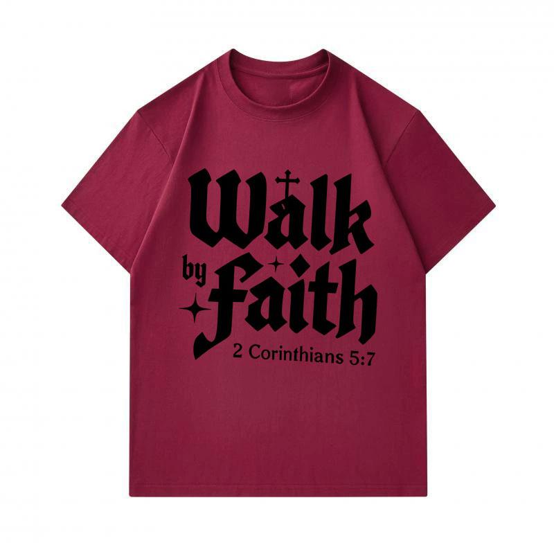 Men's 100% Cotton Crew Neck Short Sleeve T-Shirt, Walk by Faith 2 Corinthians 5:7 Christian Religious Print Casual Soft Breathable Daily Top for Men