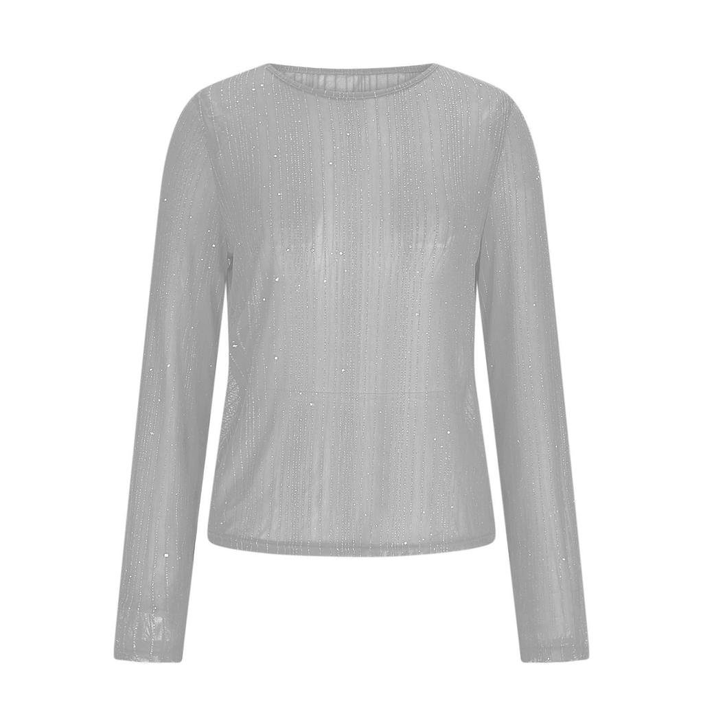 Women's High-Neck Sequin Long Sleeve Top - Spring/Autumn 2026, Stylish & Transparent Inner Layer