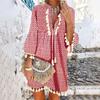 Beach Dress Geometric Print Tassel Women V Neck 3/4 Sleeve Dress for Vacation