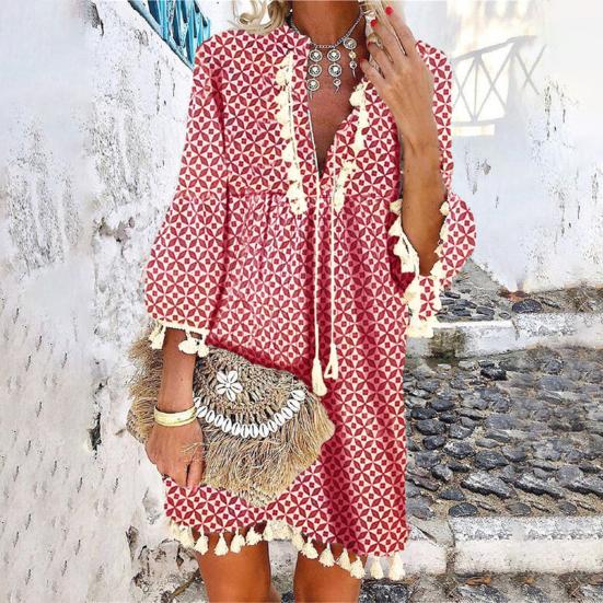 Beach Dress Geometric Print Tassel Women V Neck 3/4 Sleeve Dress for Vacation