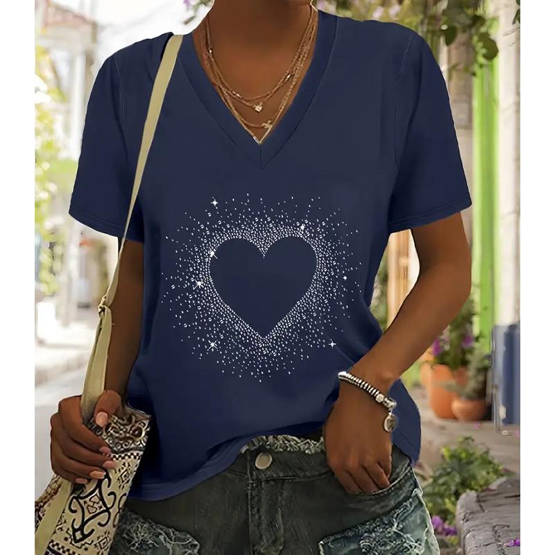 Fashion Love Shape Painting Blouses Short Sleeved V-Neck T Shirts Casual