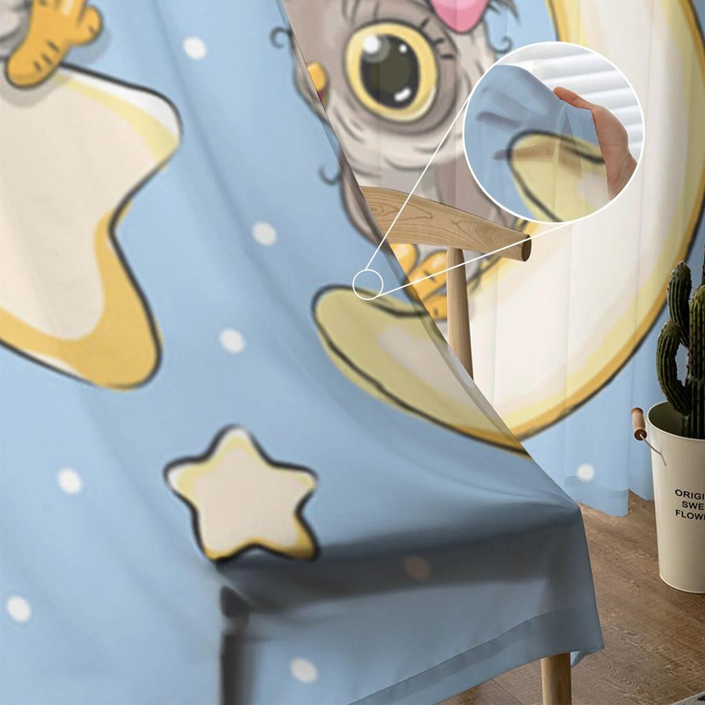 Niedliche Eulen-Stern-Mond-Vorhänge für Wohnzimmer, Schlafzimmer, Tüllvorhänge, Küche, Fensterbehandlungen, Panel-Vorhänge