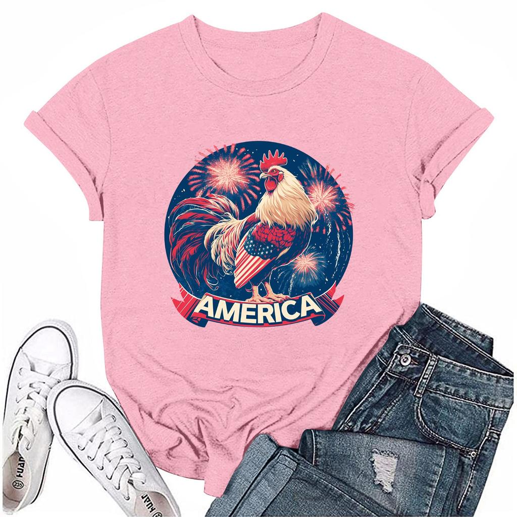 Women's Round Neck Casual Independence Day Printed Short Sleeve T-Shirt Top