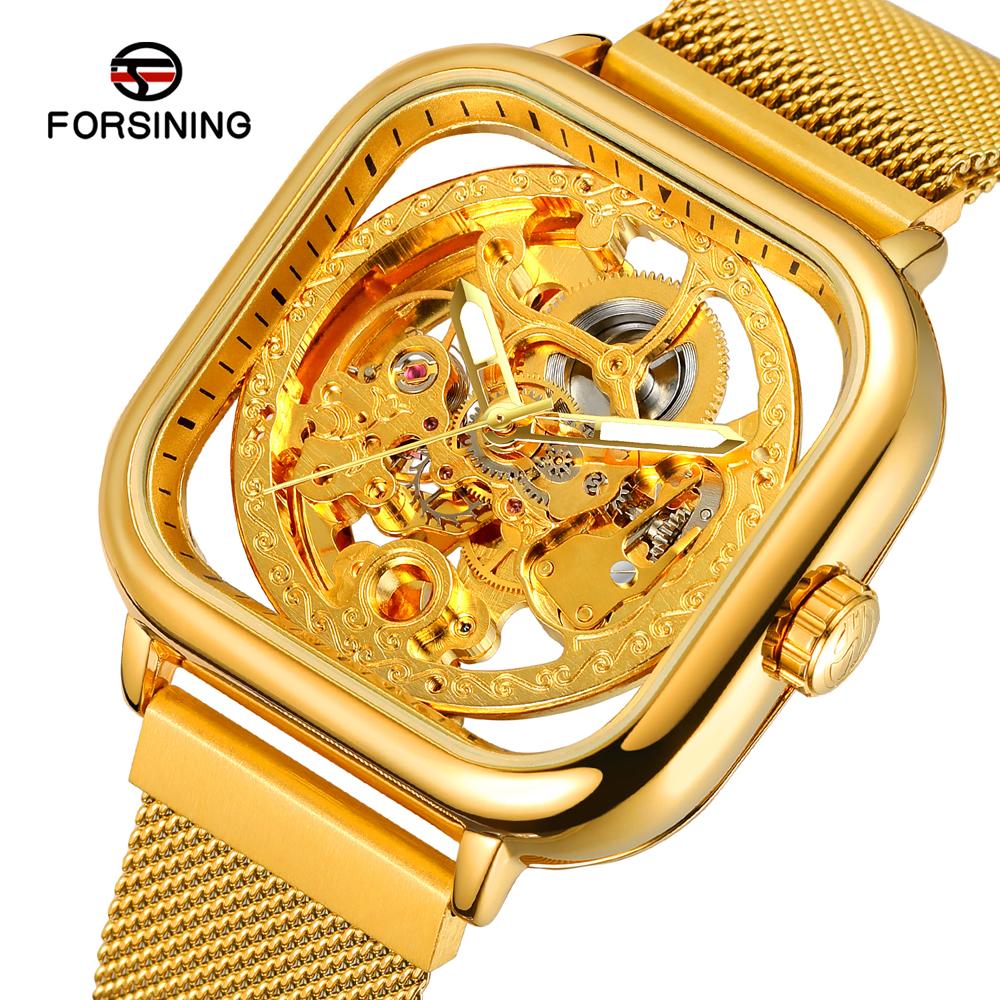 Fashion Forsining Top Men Mechanical Watches Automatic Self-wind Golden Transparent Mesh Steel Wristwatch For Man Male Hour