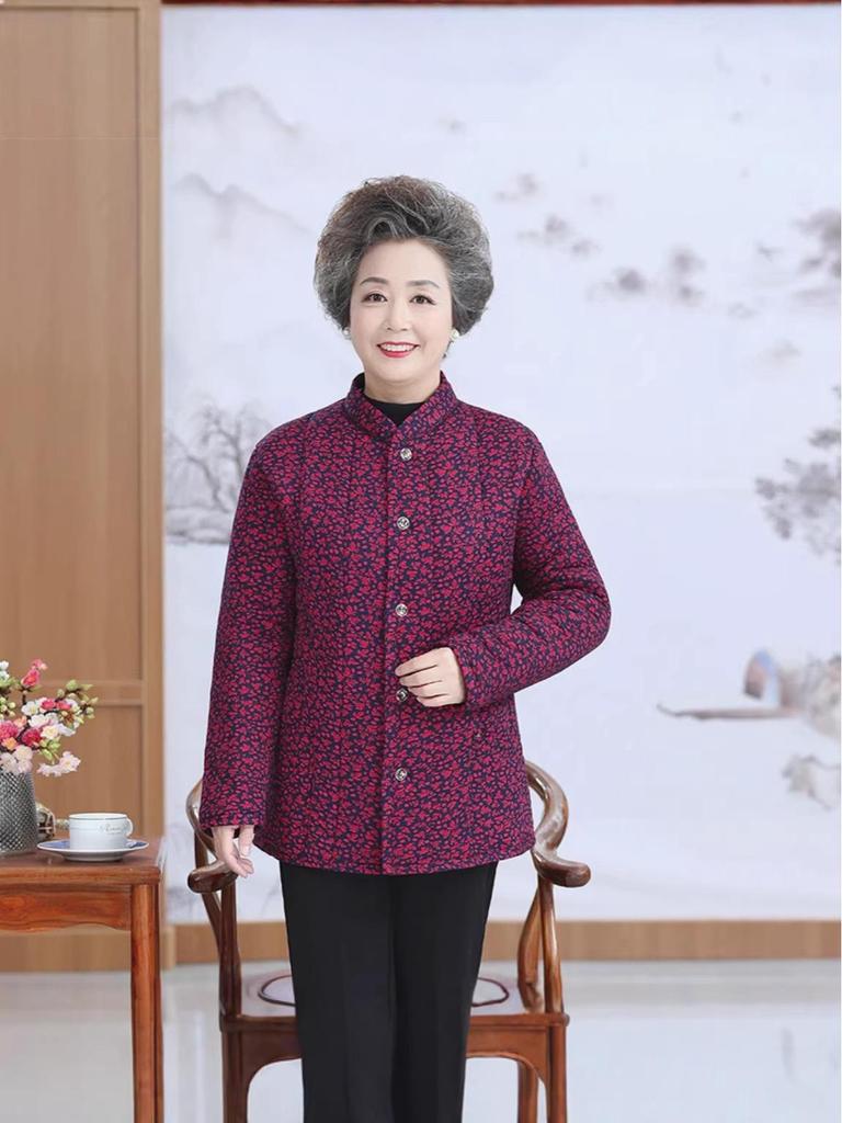 Floral Padded Winter Jacket for Moms - Fleece-Lined Cotton Coat for Middle-Aged and Elderly Women