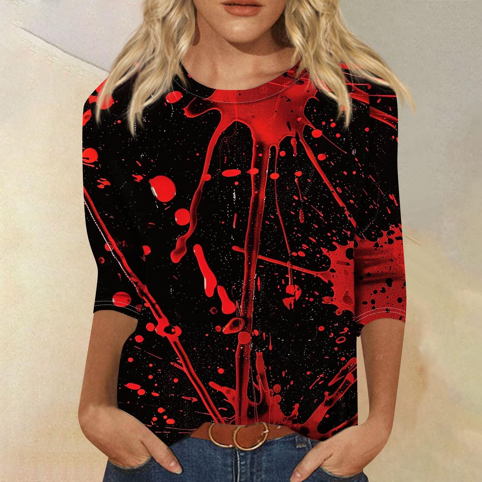 

Женская модная повседневная футболка с рукавом три четверти и принтом на Хэллоуин, с круглым вырезом XL арбуз красный