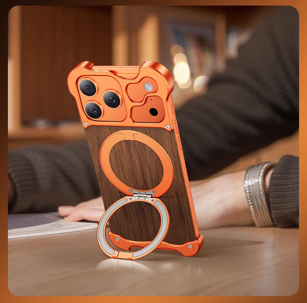 Alien 17 Pro Max Integrated Case with 360° Stand - Solid Wood & Metal, Magnetic Design for 16 Pro Max